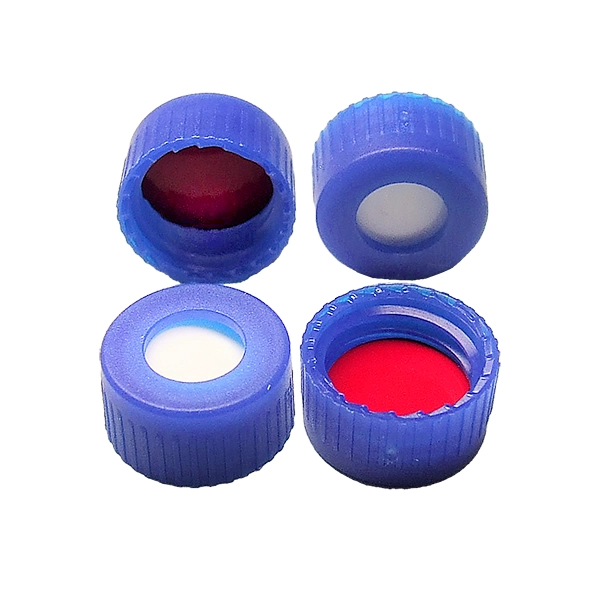 Screw Cap 9mm, Blue Polypropylene, Bonded with white silicone/red PTFE septa 0.04ins thick